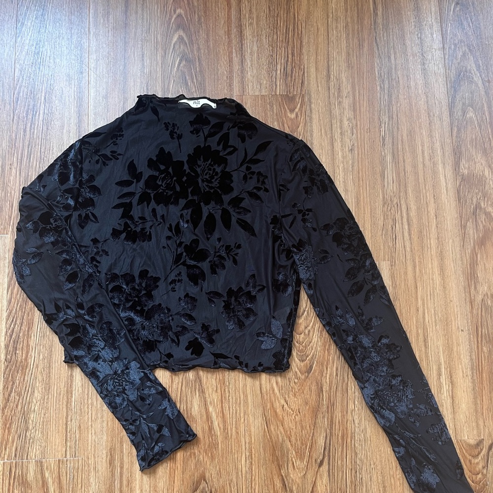 Black Floral Velvet and Mesh Long Sleeve Top